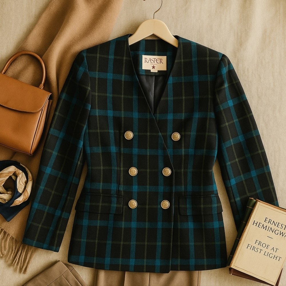 VTG Kasper A.S.L. Black Turquoise Olive Plaid Blazer 10  90s Old Money Preppy
